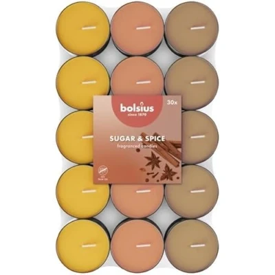Imagen de Bolsius 30 velas de té perfumadas Azúcar y especias Duración combustión 3,5 horas Diámetro 38 mm Extractos naturales Contiene cera vegana Sin aceite palma