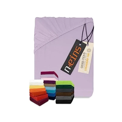 Imagen de npluseins Sábana bajera clásica de punto jersey, disponible en 34 colores modernos y 6 tamaños diferentes, 100% algodón, 120 x 200 cm, color lila