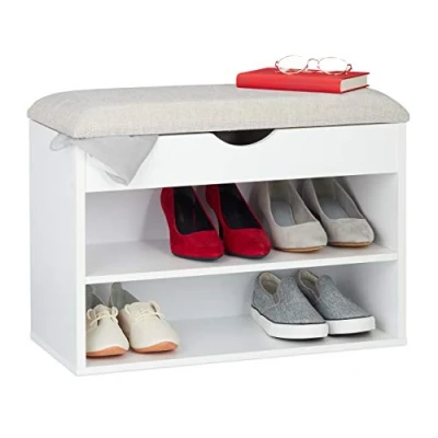Imagen de relaxdays Banco Zapatero, Acolchado, Mueble de Pasillo, Tres Compartimentos, Asiento, 45 x 62 30 cm, 1 Ud. Blanco, Gomaespuma