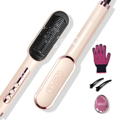 Imagen de TYMO Cepillo Alisador de Pelo, RING PLUS Plancha Ionico, 9 Temperaturas, 120C 210C, Pantalla LED, Anti Encrespamiento, Doble Voltaje, Hair Straightener Brush, Oro rosa