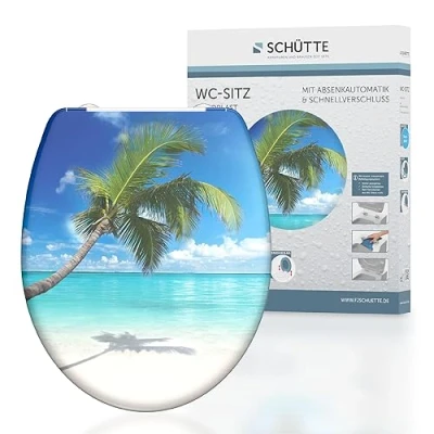 Imagen de Schütte 82363 Carribean Asiento de Inodoro plástico termoestable Duroplast con Descenso automático y Cierre rápido para una fácil Limpieza, Carga máx. 150 kg, diseño Playa, Motiv