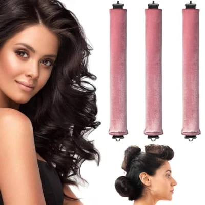 Imagen de rizos Heatless, 3 unidades de sin calor, cinta rulos durante la noche, calor para cabello largo, todo tipo (rosa, M)