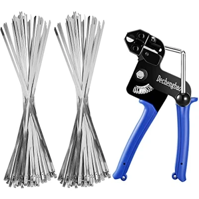 Imagen de Kit de 200 pistolas metal para atar cables, acero inoxidable, herramienta tensión y corte ajustable con bridas inoxidable 304 autobloqueantes tamaños 4,6 x 270 mm (kit