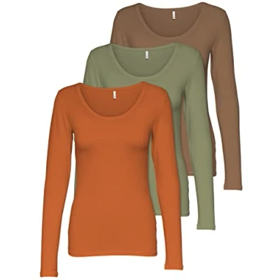 Imagen de ONLY 15209156 Paquete de 3 camisetas manga larga para mujer, color negro y blanco, básicas verano, 95 % algodón, tallas XS, S, M, L, XL, S
