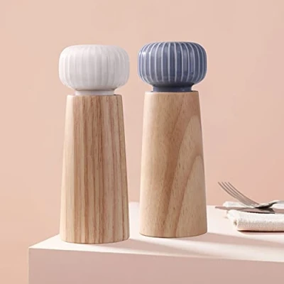 Imagen de HAIPUSEN Molinillo de Sal y Pimienta Madera Cerámica Pimentero Molino Especias con Amoladora Ajustable, 17,5cm (Con Soporte)
