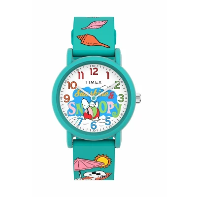 Imagen de Timex Peanuts Just Beachy Reloj unisex de 36 mm, pulsera en silicona verde, esfera blanca, caja verde TW2V78500