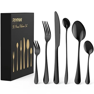Imagen de RIWNNI 36 Piezas Cubiertos Acero Inoxidable,Juego de para 6,Cuberterias Completas Modernas Incluye Cuchara, Tenedor, Cuchillo, Cuchara Té, Tenedor Ensalada, Postre Negro
