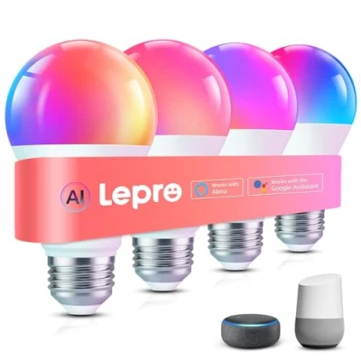 Imagen de Lepro B1 AI Bombilla LED E27, LLM Inteligente Alexa 9W, RGB Regulable Bombillas, Wi Fi Control de Voz por APP, Sync Música Iluminación Generada Funciona con Alexa,Google Home,4Pcs