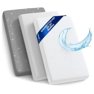 Imagen de sábanas Ajustables para Cochecito de bebé Juego 3: 83 x 50 cm 2 + 1 Protector colchón Impermeable Accesorios Cuna y minicuna Galaxia