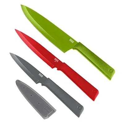Imagen de KUHN RIKON Colori+ Essential Juego de 3 cuchillos (1 cuchillo, 1 cuchillo multiusos, chef, acero inoxidable, con protector hoja, antiadherente)