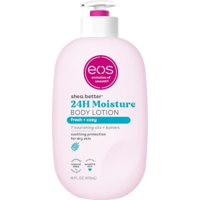 Imagen de eos Loción corporal Shea Better Fresh &amp; Cozy, 24 horas cuidado de la piel hidratante, ligera y no verde, hecha con karité natural, vegano, 16 oz