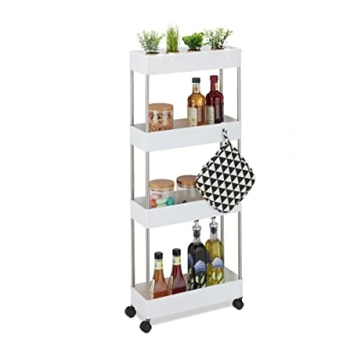 Imagen de Relaxdays Carro de nicho con 4 Niveles Estantería Ruedas, Plástico, 98 x 15,5 40,5 cm, Carrito Estrecho para Baño y Cocina, Ganchos, Blanco, Acero Inoxidable