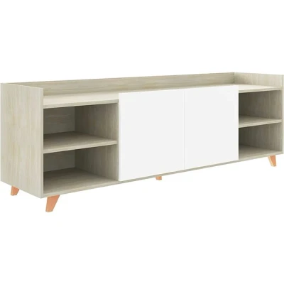 Imagen de MOMMA HOME Mueble TV Salón, Mesa de televisión Acabado en Roble Cambrian y Blanco Mate, Puertas centrales. Patas Madera (TV) Modelo ROAU. 180 x 44,5 53H cm