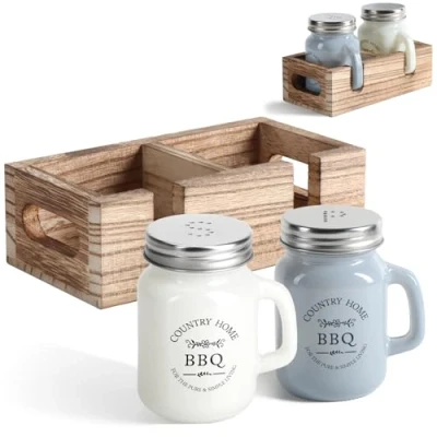Imagen de COM FOUR® Juego de salero y pimentero 3 Piezas especiero en caja Madera Tarro Especias con inscripción Forma Jarra Cerveza (3 partes vidrio madera)