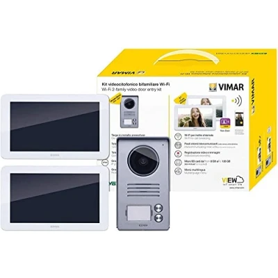 Imagen de Vimar K40946 Kit videoportero contenido: 2 videoporteros Wi Fi táctil LCD 7in, placa de entrada audio/vídeo botones, alimentadores con clavijas intercambiables, soporte instalación