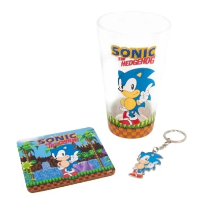Imagen de Fizz Creations SonicThe Hedgehog Juego de regalo cristal y posavasos, 3 en 1. Vaso bebida 480 ml capacidad. Producto oficial Sonic The