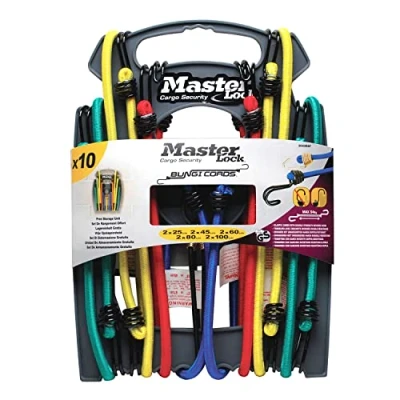 Imagen de Master Lock 3043EURDAT Cuerdas elásticas con Ganchos Invertidos, óptimo para Sujetar Cargas Pequeñas,Camping,Mudanzas,Paquete de 10 Tensores, 2 x 25 cm + 45 60 80 100