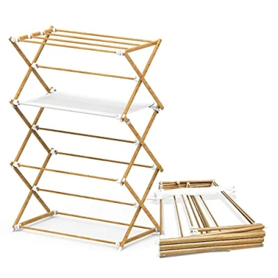 Imagen de VOUNOT Tendedero Ropa Plegable de Metal Resistente, Portátil Colgador Aspecto Madera, 3 Niveles, para Interior y Exterior