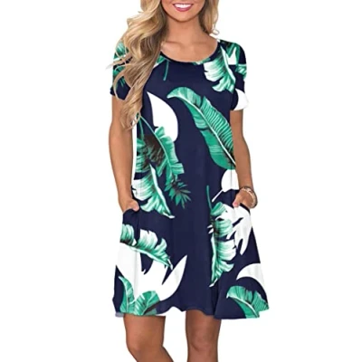 Imagen de AUSELILY Vestidos Verano Mujer Vestido T Shirt Casual Manga Corta con Bolsillos Estampado Azul XL