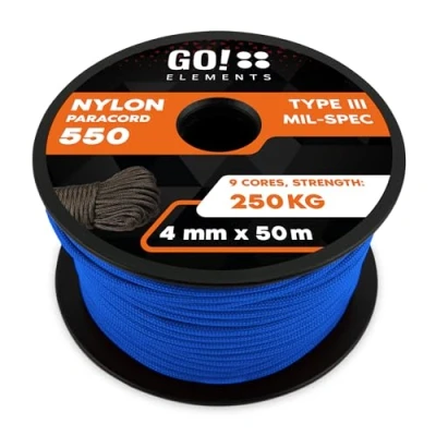 Imagen de GO!elements 50m Paracord de Nylon a Prueba desgarros 4mm 550 Typo III Cuerda Adecuado como Yute &amp; Gruesa MAX. 250kg, Color: Azul