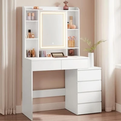 Imagen de VASAGLE Tocador con Luces LED de Brillo Ajustable, Mesa Maquillaje Espejo, Compartimentos Abiertos, Estantes Estación Maquillaje, Moderno, Blanco Nube RDT124W01