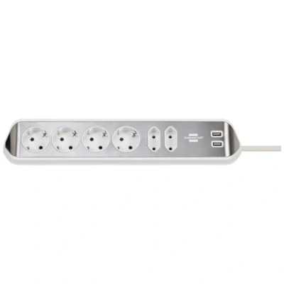 Imagen de brennenstuhl®Estilo regleta de enchufes en Forma Esquina con 6 Tomas Corriente y USB (4X Corriente, 2X Euro, Carga USB, Superficie Acero Inoxidable) Plateado/Blanco