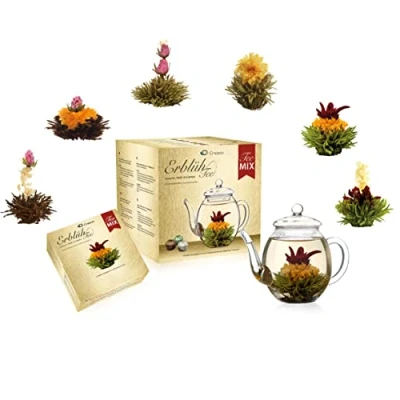 Imagen de Creano Mezcla de flores té set regalo dorado ErblühTee con tetera cristal blanco, verde y negro en 6 variedades para mujer Negro/Blanco/Verde Juego 7 piezas
