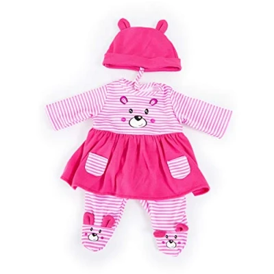 Imagen de Bayer Design Ropa 42 a 46cm, Accesorios para muñeca, Vestido, Pantalones y Gorra, Conjunto, Traje con Motivo de un Lindo Oso, Color rayas rosas blancas (84687AA) , color/modelo surtido