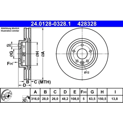 Imagen de ATE 24.0128 0328.1 Disco de freno 316,0 28,0 5 108,0 ventilado revestido altamente carbonizado JAGUAR: