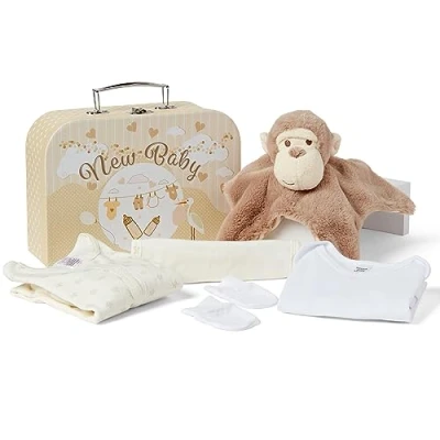 Imagen de Cesta de Recién Nacido, Unisex Bebé en Caja Recuerdos Estilo Maletín con Doudou Bebé, Body, Babero, Pijama, Manoplas y Esenciales para Mamás Primerizas