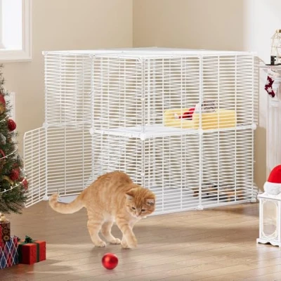 Imagen de YITAHOME Jaula para Gatos, Recinto Parque Gatos de 2 Niveles, con Alambre Denso, Perrera Metal Conejos, Animales Pequeños, Blanco, 71x71x71cm