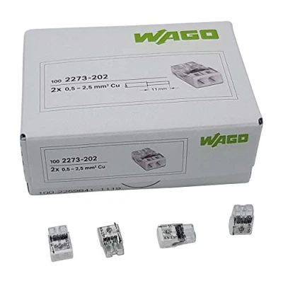 Imagen de 100 unidades Wago 2273 202 COMPACT borne para caja de conexiones Ø 0,5 2,5 mm², 2 polos, transparente/blanco