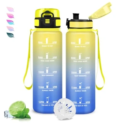 Imagen de Botella de Agua 1 Litro, Gimnasio con Filtro, Cantimplora Infantil Motivacional, Fácil Limpiar, Marca Tiempo, para la Escuela, Adulto, Deportes, Bicicleta, Camping
