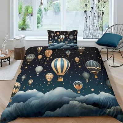 Imagen de Juego De Cama Globo aerostático Microfibra, Funda Nórdica con Estrellary Galaxy, Niños Adultos,niñas, 3D Microfibra Suave Edredon Single（135x200cm）