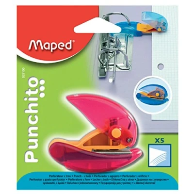Imagen de Maped Perforadora de Papel Punchito Compacta con 1 Agujero Agujereador Guía que se Posiciona entre las Anillas Botón para Mantener el Cierre 3 Diseños Diferentes