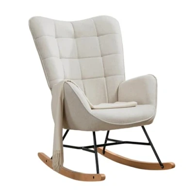 Imagen de MEUBLE COSY Sillas Mecedora Escandinavo Sillón Relax Especial Lactancia para Salón Dormitorio Balcón Sala de Estudio, Tela, Madera Haya, Metal, Beige, 66x84x97 cm