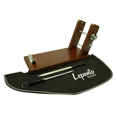 Imagen de Jamonero Modelo Reserva mas Set de corte con cuchillo Jamonero, chaira y cubre Jamón negro, Soporte para paletillas fijo realizado en madera pino color nogal Antideslizante