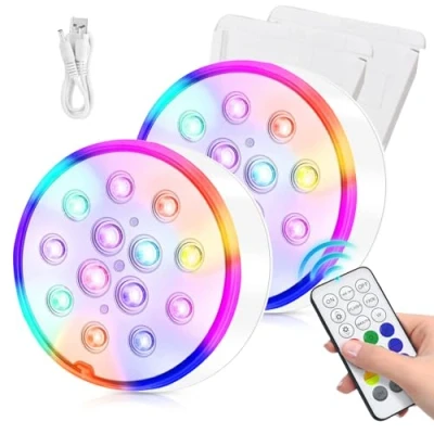 Imagen de HOSPAOP Luces LED submarinas recargables para piscina, impermeable IP68 con mando a distancia RF, USB, temporizador, 13 RGB iluminación de spa, acuario, estanque, jarrón, fiesta