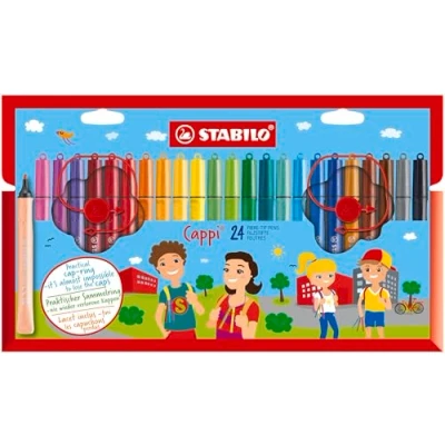 Imagen de Rotulador escolar con sujeción triangular STABILO Cappi Estuche de 24 colores Incluye anilla para no perder los tapones