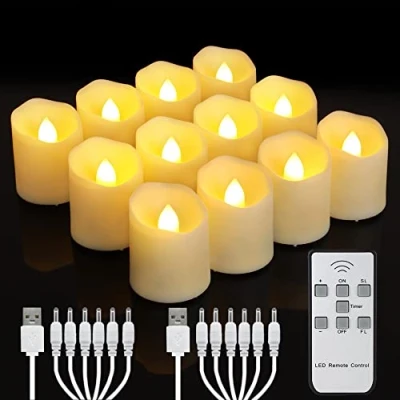 Imagen de yunsheng 12 velas de té LED recargables con temporizador mando a distancia, recargables, sin llama, luz blanca cálida, decoración Halloween, Navidad, casa, boda (con 2 cables carga USB)