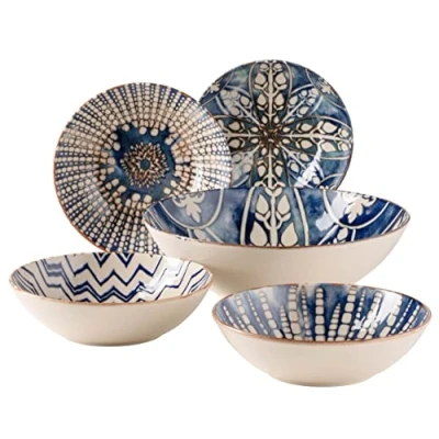 Imagen de MÄSER 934018 Ibérico Blue Juego de 5 cuencos estilo morisco, 1 ensaladera grande y 4 para ensalada, cereales, sopa o pasta, con diferentes patrones vintage en blanco azul, gres