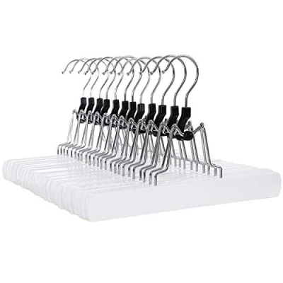 Imagen de SONGMICS Juego de 12 perchas madera para pantalones, antideslizantes, ganchos cromados, rotación 360 grados, color blanco CRW07W