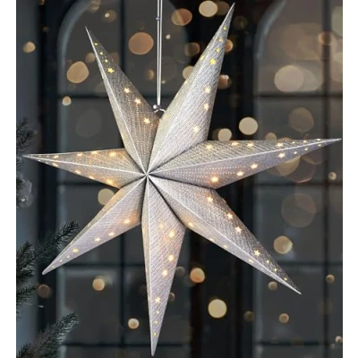 Imagen de BRUBAKER Estrella de Navidad LED para Colgar Papel 60 cm con 7 Puntas Adviento 3D Funciona Pilas, se Cuelga y Ilumina Luz Decorativa Plateada