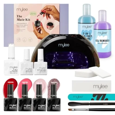 Imagen de Mylee Kit principal, juego profesional de esmalte uñas gel que incluye: lámpara LED grande, capa superior y base, 4 colores gel, constructor 5 en 1, preparación limpieza