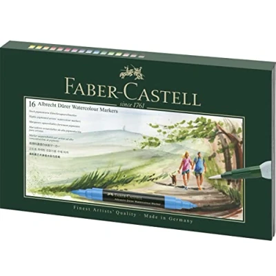 Imagen de Faber Castell Marcador de acuarela 160318 con doble punta para una aplicación plana y precisa pintura, incluido un cepillo tanque agua, estuche 16