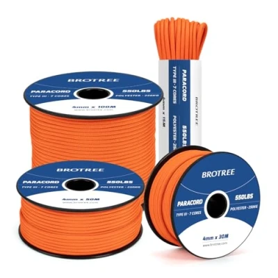 Imagen de Brotree 550 Paracord 4mm 15m Cuerda Paracaidas 100% Poliéster Tipo III 7 Hebras para Al Aire Libre, Exterior, Supervivencia Naranja