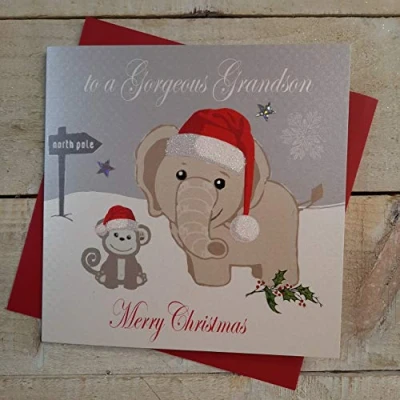 Imagen de White Cotton Cards Tarjeta Hecha a Mano To Gorgeous Grandson Merry Christmas Texto en inglés, diseño de Elefante y Mono