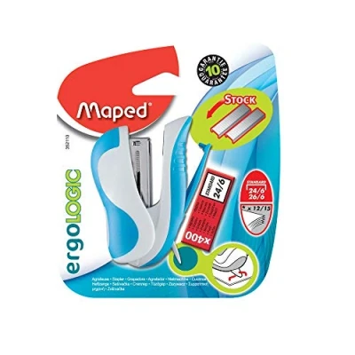 Imagen de Maped Grapadora de Oficina Ergologic Mini 26/6 Manual Zona Apoyo Blanda Compatible con Grapas 24/6 y Profundidad Grapado 27 mm 3 Colores