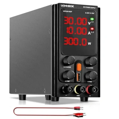 Imagen de UOHHBOE Suministro Eléctrico de Laboratorio 30V/10A DC Ajustable Fuente Alimentacion Banco con Pantalla LED 4 Dígitos Puerto USB 5V / 2A Cable Cocodrilo