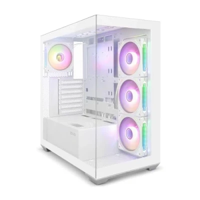 Imagen de Zolyd Rivexa Caja Gaming ATX, Ventana Lateral y Frontal Panorámica de Cristal Templado, 4 Ventiladores ARGB Espejo Infinito, Refrigeración Líquida hasta 400mm, Espacio Interno Optimizado, Blanco